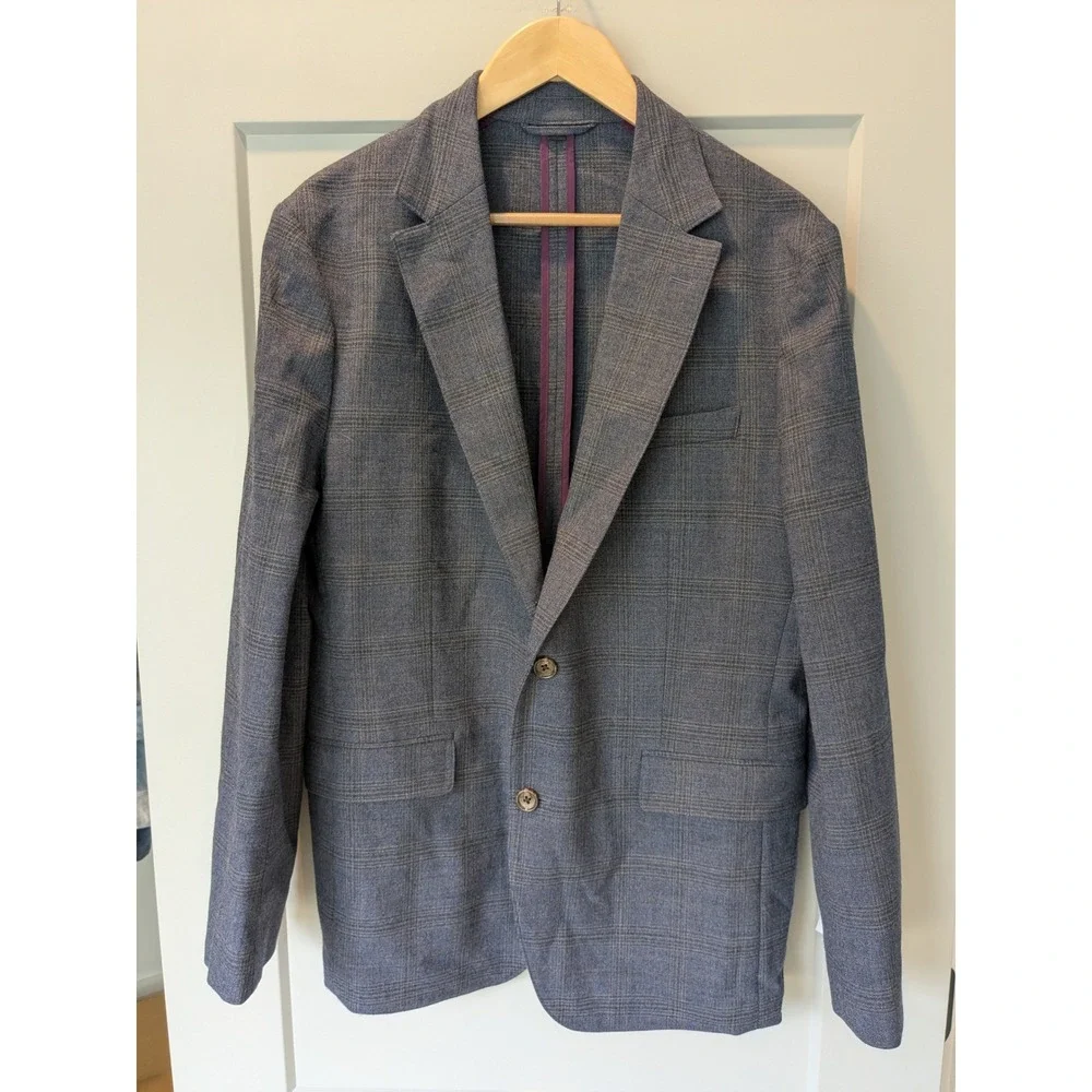 BONOBOS Mens Gray/Blue Plaid Wool Blend‎ Sport Coat Blazer Jacket Size 40R
